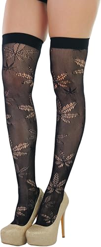 Image of ToBeInStyle Women's Thigh High Stockings Bodystocking Tights Medicinal Cannabis Marijuana Weed Leaf Print Festival Hosiery