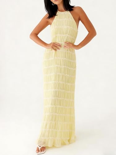 Image of Yiulangde Women's Backless Smocked Maxi Dress Sexy Spaghetti Strap Cut Out Flowy Beach Long Dress Vacation Casual Sundresses