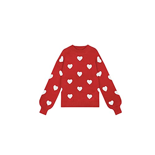 Image of Women's Cute Heart Sweater Love Print Valentine Romantic Knitted Top Casual Crewneck Long Sleeve Sweaters Pullover