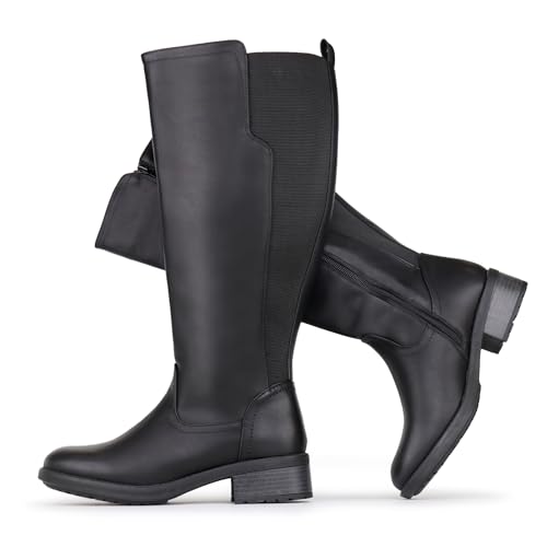 Chicblooms Botas de caña ancha para mujer, elásticas, planas y de tacón bajo, Negro , 38 EU