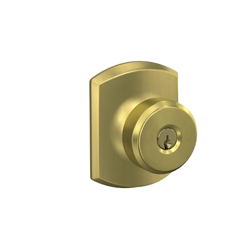 Image of SCHLAGE Bowery Keyed Entry Door Knob, Interior /Exterior, Satin Brass | Keyed entry door knob with turn-button lock, Easy to install, Certified security & durability, Universal fit, 2 keys