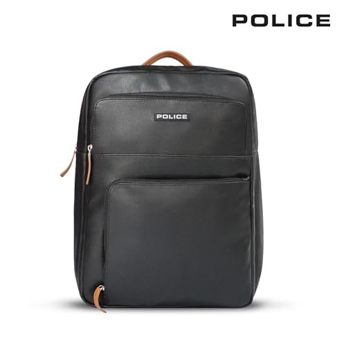Image of Police KYLO Vegan Leather Laptop Backpack for Men & Women | 15 Inch Laptop Bag | Lightweight Stylish Office Backpack | Front Pocket | Adjustable Padded Straps | Travel Work Backpack - Black /Tan