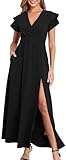 Anatoky Women V Neck Short Sleeve Split 2025 Evening Cocktail Party Prom Graduation Wedding Guest Wrap Semi Formal Maxi Dress with Pockets Black Medium