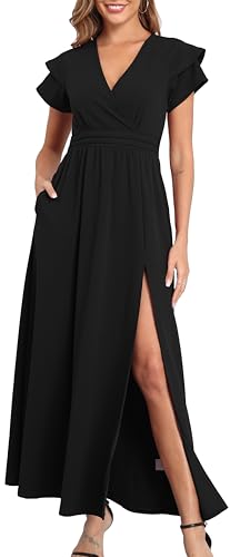 Formal Dress for Women V Neck Side Slit Short Sleeve Wedding Guest 2025 Cocktail Wrap Maxi Dresses with Pockets