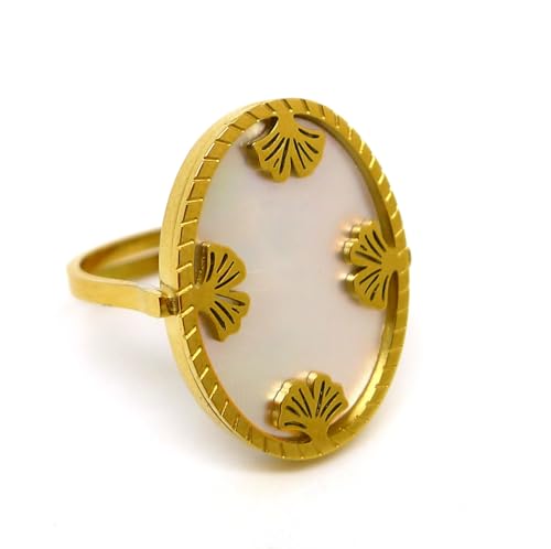 Les Bijoux Acidulés - Bague Ginko en acier inoxydable et nacre- Bijoux pierre naturelle - Handmade fabrication française