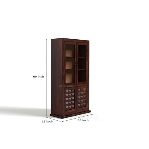 Image of Solid Sheesham Wood Book Shelf with Acrylic Glass Doors and Storage Cabinet | Rosewood Display Unit with 4 Doors for Living Room (Walnut Finish)