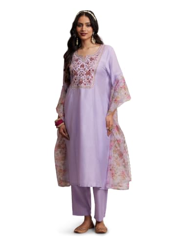 Image of Amazon Brand - Myx Women's Kurta Pant Set with Embroidered Organza Dupatta | A-line fit (Available in Plus Sizes)