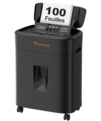 Bonsaii Destructeur de Documents, Coupe Micro-particulaire P4, Alimentation Automatique Jusqu’à 100 Feuilles, Anti-Bouchon, 30 Min en continu, réservoir de...