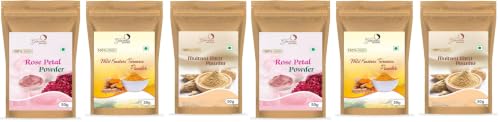 Image of Combo Pack of 6 Pure & Natural, Rose Petal Powder, Multani Mitti Powder & Kasturi Turmeric Powder For Face & Skin, 150gms(50gX3)