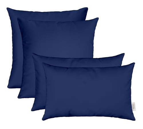Set of 4 Indoor / Outdoor Pillows - 2 Square Pillows & 2 Rectangle / Lumbar Decorative Throw Pillows - Solid Navy Blue Fabric (17