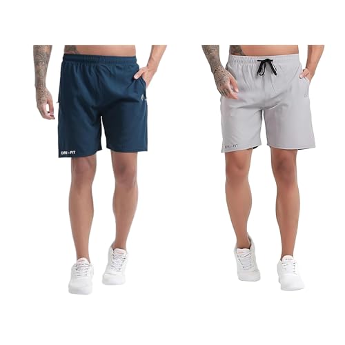 Image of BLUE STAR SHARK Athletic Sports Shorts for Men with Zip Pockets and Elastic Waistband Quick Dry Lightweight Activewear Combo - Pack of 2 (Color: Airforce and Grey, Size:XL)