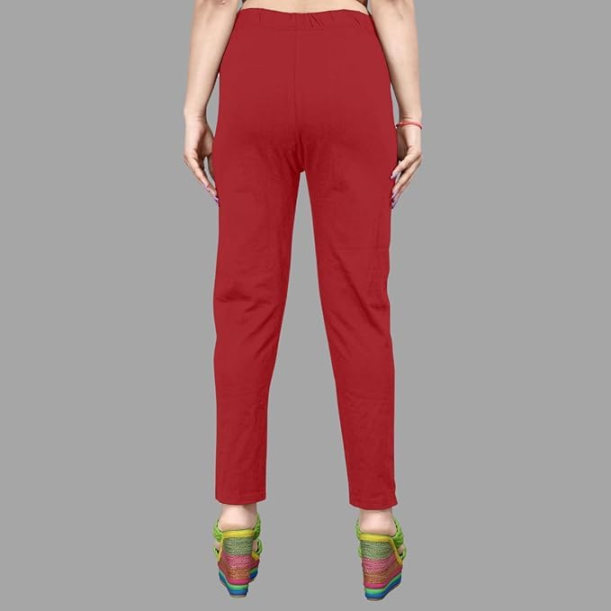 Image of Women's Solid Cotton Lycra Pants-High Waist Slim Fit Stretchable Leggings - Comfortable Long Trousers for Casual, Office & Everyday Wear