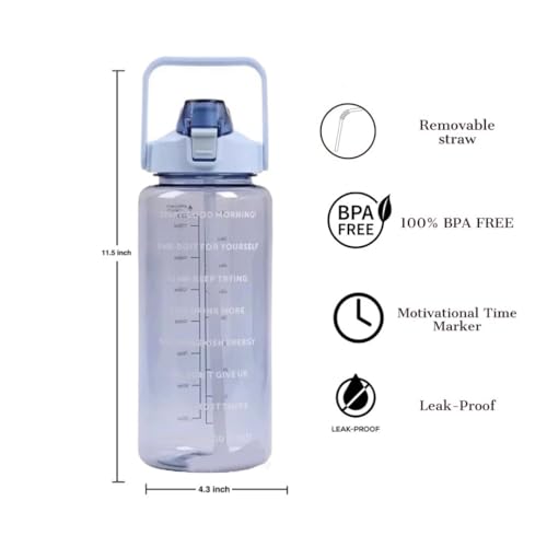 Image of 4Mura 2 L Capacity Belt Straw Transparent Motivational Water Bottles|Time Marker Leak Proof&Break-Proof|Best Usage For Office /School /Gym /Travel Bottle|Bpa-Free Fitness Sports Bottle (BLUE)