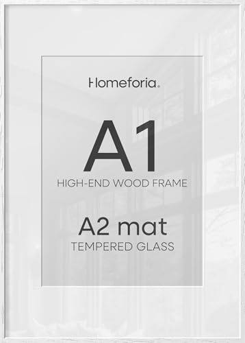 Image of Homeforia A1 White Oak Poster Frame, High-End Wood, A2 Mat, Glass | High End Solid Oak Wood, Tempered Glass, Acid-Free A2 Removable Mat, A1 Edge-to-Edge Display, Wall Kit, Set Of 1
