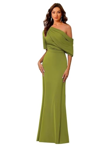 Image of Mermaid Satin Mother of The Bride Dresses for Women Elegant One Shoulder Ruffle Long Formal Evening Gown
