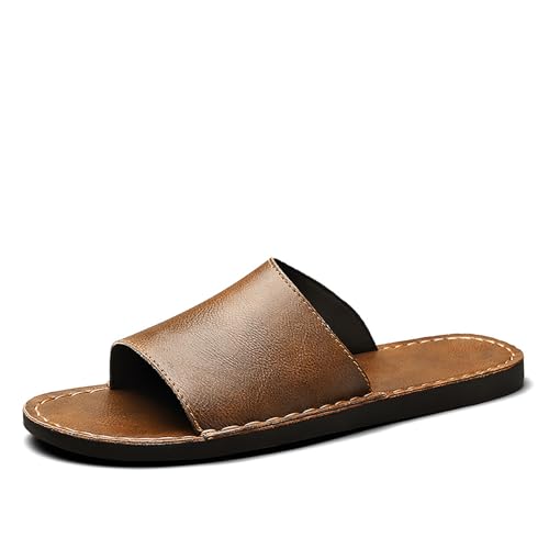 Men'S Genuine Leather Flat Slides Sandals Fashion Round Open Toe Slip On Soft Bottom Men Beach Sandals Summer Beach Parties Prom Leisure Slippers - Main Image