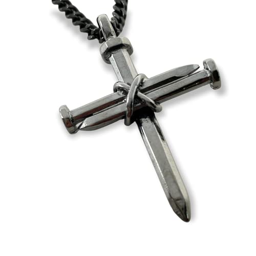 Cross 3 Nails Wire Wrapped Dark Metal Finish Pendant Dark Finish Chain Necklace