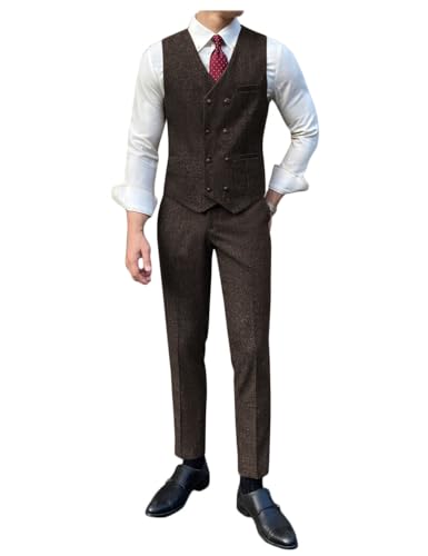 2 Pieces Men's Tweed Herringbone Suit Slim Fit Solid Vest Pants Sets Casual Formal Wedding Party