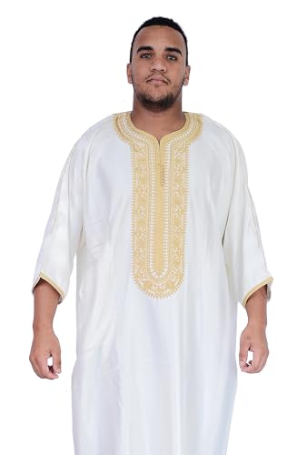 Treasures Of Morocco Moroccan Men Kaftan Handmade Thobe Long Gown White With Delicate Embroidery3