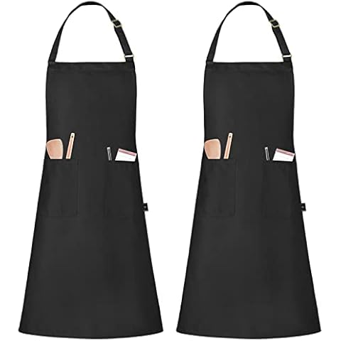 BONTHEE Pack of 2 Apron with Pockets Black Chef Cooking Apron 100% Cotton Washable and Easy Care, black, L Cover