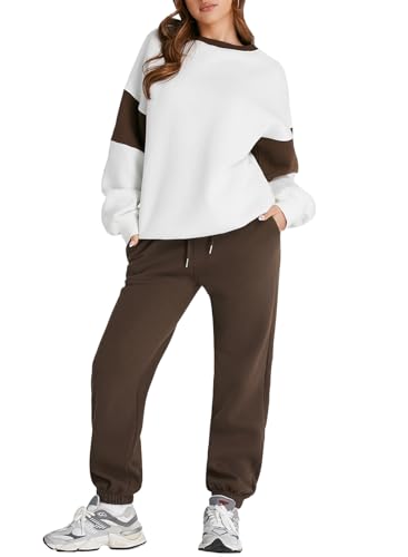 Herseas Womens Two Piece Outfits Long Sleeve Color Block Crewneck Tracksuit Fall Trendy Lounge Set