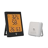 Termometro e igrometro senza fili, stazione meteo digitale con orologio, ampio display, monitor di umidità della temperatura interna ed esterna, sensore ABS impermeabile, bianco nero (nero)