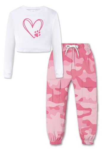 Image of ARTMINE Girls 2 Piece Outfits Long Sleeve Tee Shirts and Cargo Jogger Pants Set, 6-14 Years