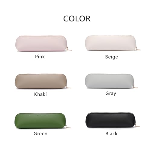 Image of Pencil Case Small Pencil Pouch Slim Zipper Pen Holder School Office College(Beige,Faux Leather)