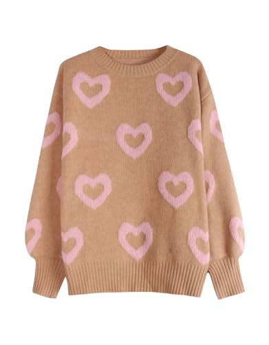 Image of Women's Long Sleeve Mock Neck Sweaters Loose Cute Heart Pullover Sweater