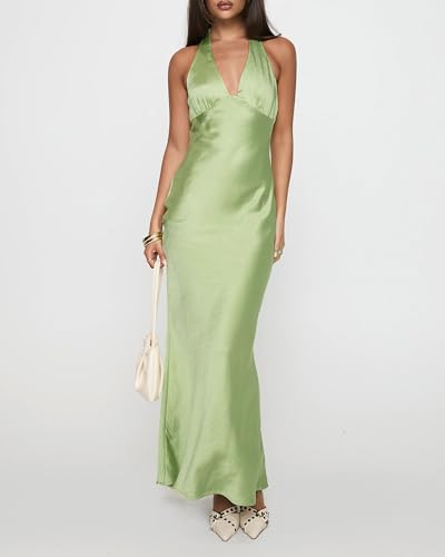 Image of Women's Satin Dresses Summer Bodycon Sexy Halter V Neck Backless Elegant Formal Prom Cocktail Wedding Guest Maxi Dress