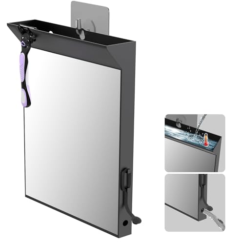 Image of Wall Mount Anti Fog Mirror for Shower,Large Black Mirror for Bathroom,Hot Water Powered Defogging Shower Mirrors for Shaving for Women Makeup,Heated Makeup Mirror Hanging with Hook