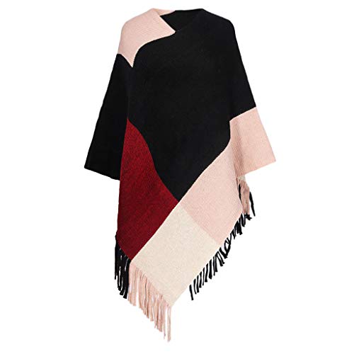 Women Poncho Sweater Cozy Warm Elegant Shawl Wrap Stylish Knit Plaid V Neck Pullover Poncho with Tassels(F,35.4329.52'')