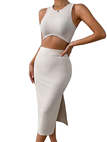 SheIn Women's 2 Piece Outfit Sleeveless Round Neck Tank Crop Top Split Bodycon Midi Skirt Sets Beige Small