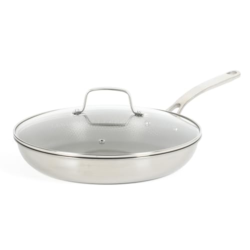 Image of Martha Stewart Badgley Hybrid Nonstick 12 Inch TriPly Stainless Steel Large Fry Pan With Lid & Stay Cool Handle - Laser Etched Non-Toxic Nonstick Skillet - Dishwasher and Induction Safe