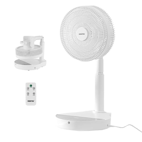 GEEPAS 10 Inch DC Folding Fan - Portable Folding Desk Fan with Remote Control Oscillation – 12 Speed, 8 Hour Timer, Quiet Fan – Foldaway Stand Table Fan with Adjustable Height - Home, Office