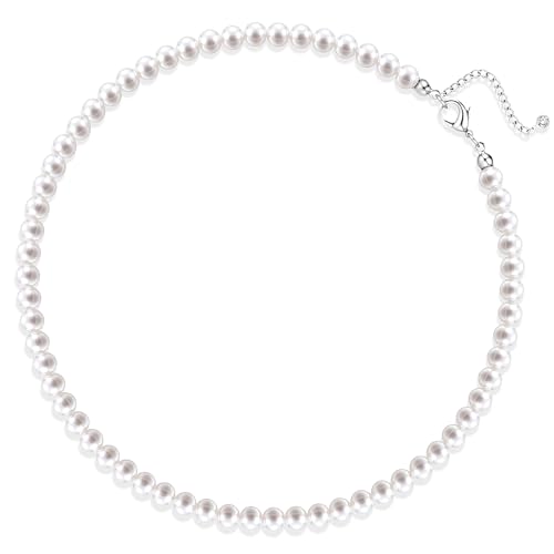 TEN MIRO Imitation Pearl Necklaces for Women, Dainty White imitation pearl Choker 6MM Round Imitation Pearls Necklace with Adjustable Extender Bridesmaid Necklaces for Wedding Prom Pearl Jewelry Gifts