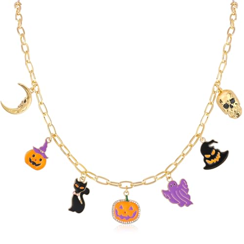 NEKOL Halloween Necklace for Women, Nightmare before Christmas Horror Party Charm Choker Necklace, Pumpkin Ghost Bats Cat Spider Skull Coffin Eyeball Necklace, Halloween Costume Party Jewelry Gifts