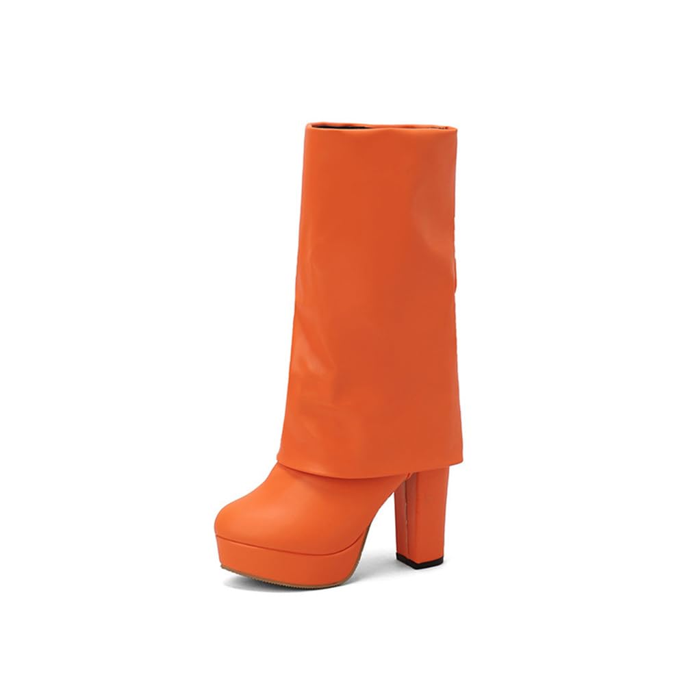 Womens Knee High Boots Platform Fold Over Tall Boots for Women Round Toe Side Zipper Wide Calf Boots