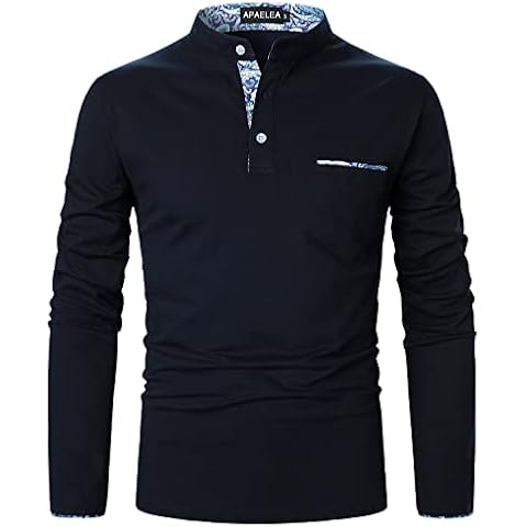 APAELEA Men's Polos Paisley Shirts Long Sleeve Henley Collar Tshirt Tops,Navy,L Cover