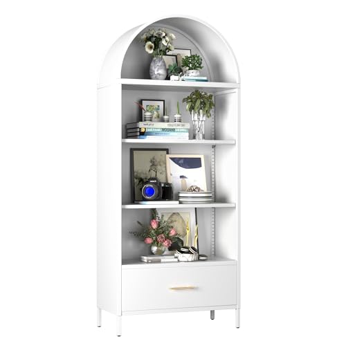 SUPEER Vitrine aus Metall Sideboard Standschrank mit Bogendach,Vitrinenschrank Küchenschrank Bücherregal mit 2 Verstellbare Halterung, Schrank für Wohnzimmer Schlafzimmer, 185x80x40 cm（weiß）