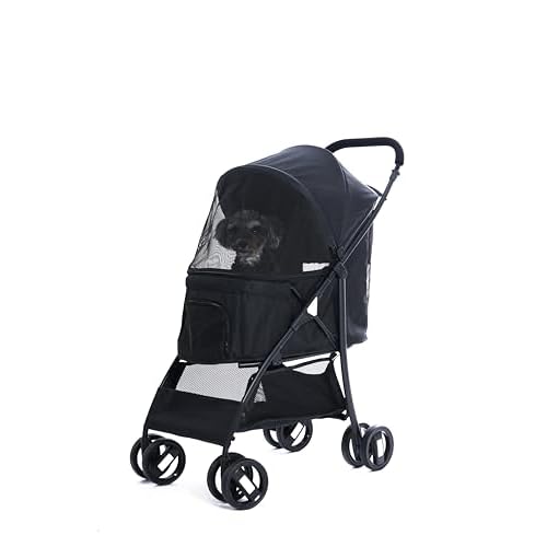 4 Wheels Pet Stroller,Easy-Foldable Dog Cat Cage Jogger Stroller with Weather Cover for All-Season,Storage Basket and Visible Mesh for Small/Medium Pets up to 33lbs (Black)