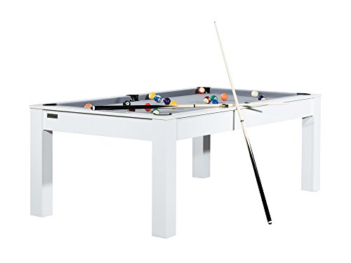 Table de Billard Louxor 7ft Convertible Table à Manger 8 Personnes Design Blanc laqué (avec Plateau Table, Tapis Gris)