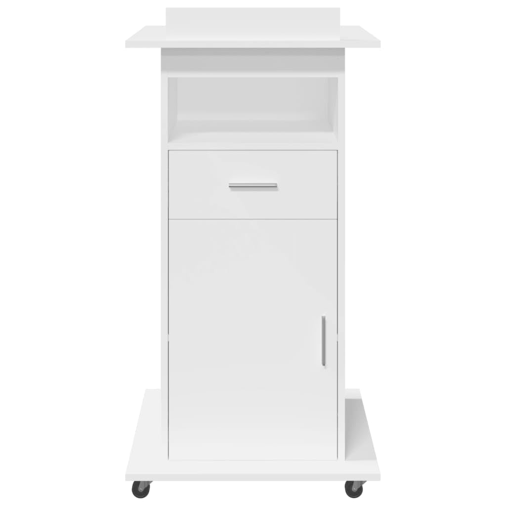 Leggio con Ruote e Cassetto Bianco 55x55x107 cm in Multistrato,Leggio, Podio, Pulpito per Conferenze, Tavolo per Presentazioni, Scrivania per Discorsi Pubblici, Porta PC, Piano Inclinato e Ripia