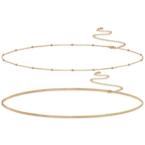 RIXERKOC 2 Pcs Chaîne de Taille en Or pour Femmes, Chaîne de Ventre Plaquée Or 18K Réglable Étanche Sexy Bikini Satellite Chaîne de Perles Chaînes de...