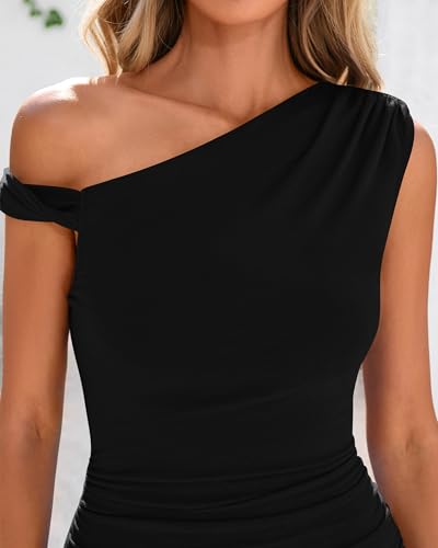 Image of BTFBM Women Formal Cocktail Dresses Summer 2026 One Shoulder Twist Strap Ruched Bodycon Elegant Wedding Party Maxi Dress
