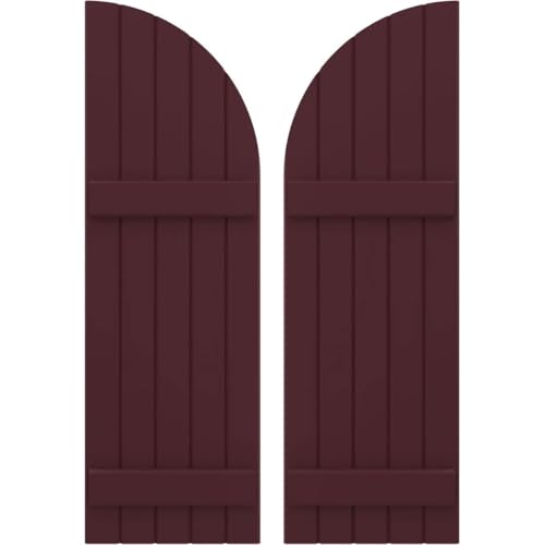 Ekena Millwork ARW101BQ518X39WRH Americraft Five 2 Exterior Real Wood Joined Board-n-Batten Shutters w/Arch Top (Per Pair), 39-in. H, Wine Red