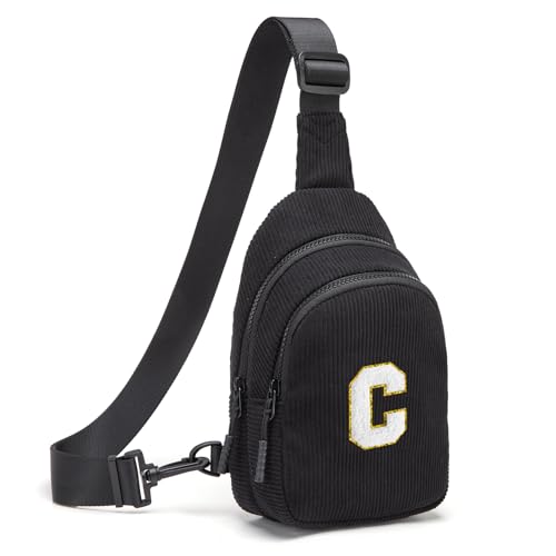 Small Corduroy Sling Bag Initial Crossbody Bag Fanny Pack for Girls Personalized Birthday Gifts for Teen Girls Gifts Black C