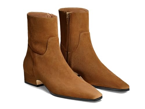 Coutgo Womens Booties Low Heel Ankle Boots Square Pointed Toe Chunky Heel Side Zipper Dressy Fall Boots Shoes, Brown, Size 7.5