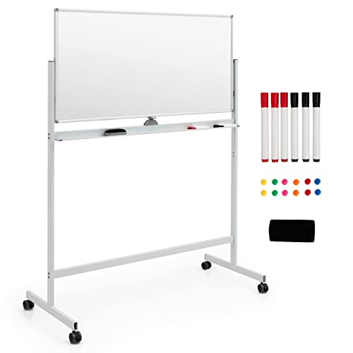 GOPLUS Tableau Blanc Magnétique Rotatif à 360° Hauteur Réglable sur 2 Positions avec 4 Roues Universelles, Tableau Effaçable de 120 x 60 CM, pour École, Salle de Réunion, Blanc