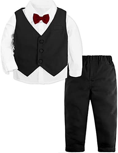 A&J DESIGN Baby Toddler Suit for Boys Black Gentleman Dressy Bow Tie Wedding Tuxedo Outfit Vest Set 18-24 Months